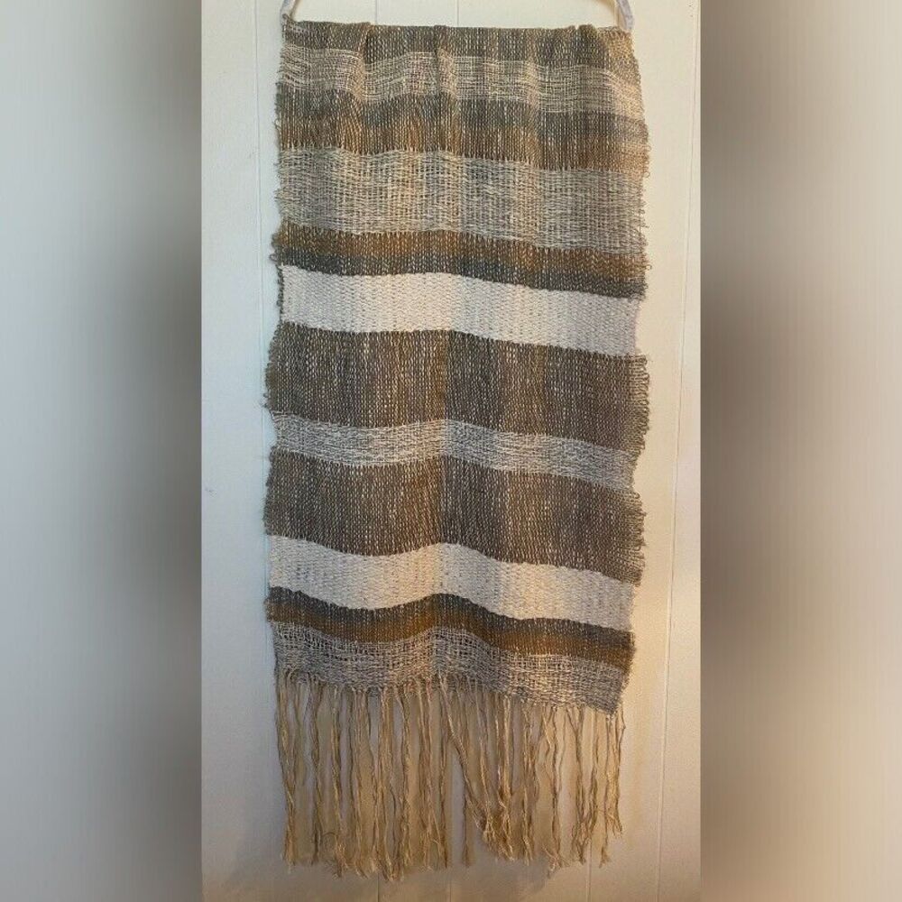 Women’s Scarf Large Beige White Wool Cotton Woven Loom Southwestern Fringe 66x20